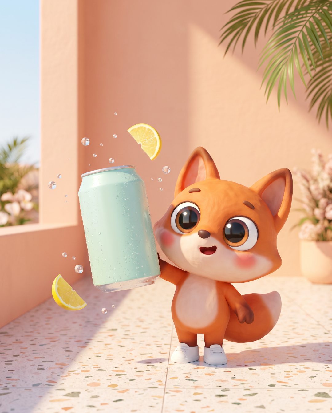 A cartoon fox in white sneakers holding up a mint drink can on a sunny terrace