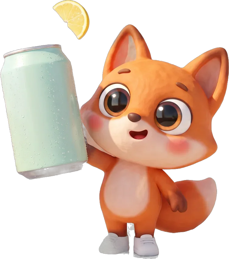 Cartoon fox in white sneakers holding up a mint drink can