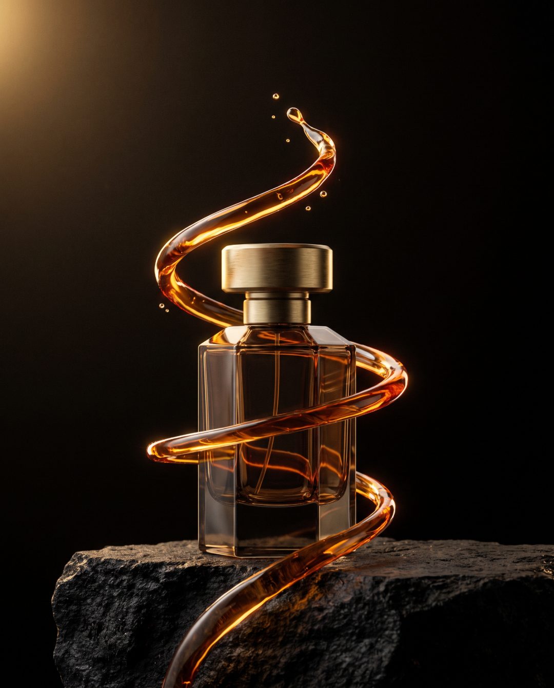 An amber perfume bottle wrapped in a frozen ribbon of molten amber on black stone