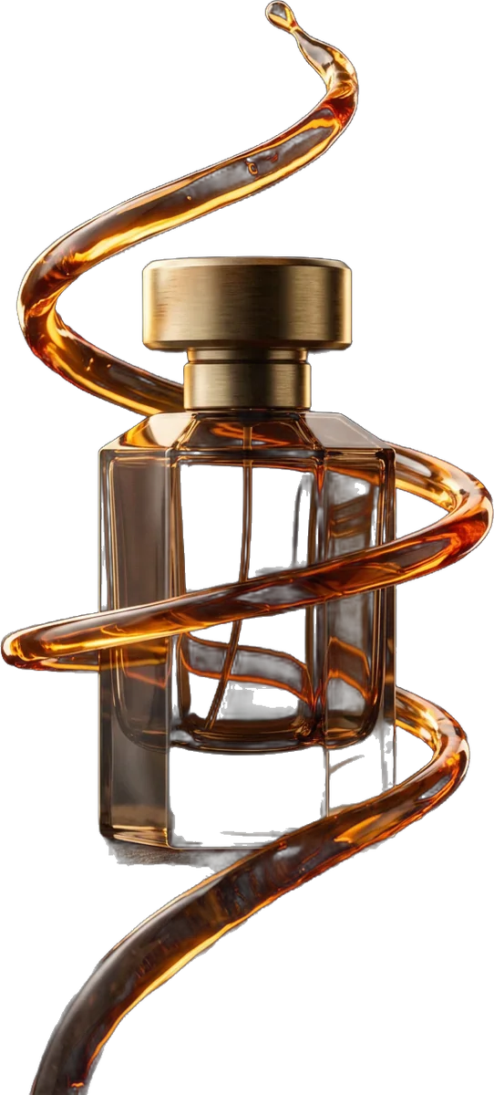 Amber perfume bottle wrapped in a ribbon of molten amber