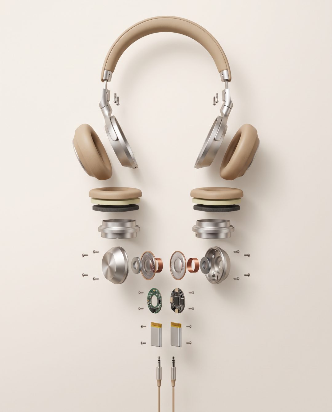 Exploded view of headphones with every component floating in a line