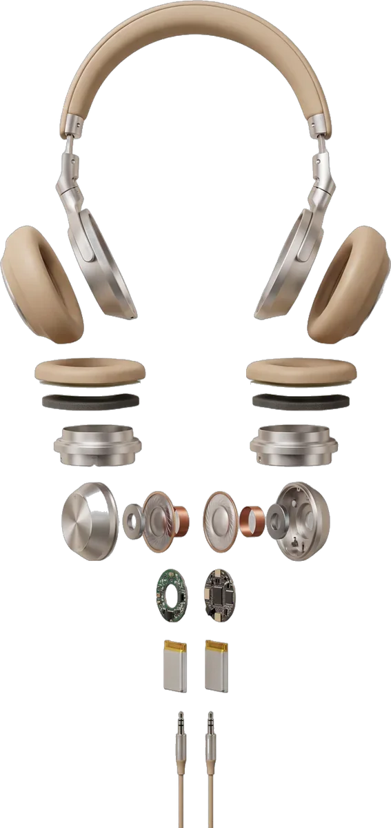 Exploded view of headphones with every component floating in a line
