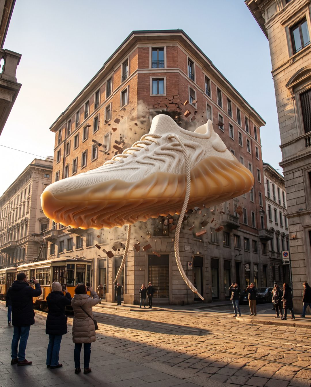 A giant sneaker bursting out of a city building while people film it