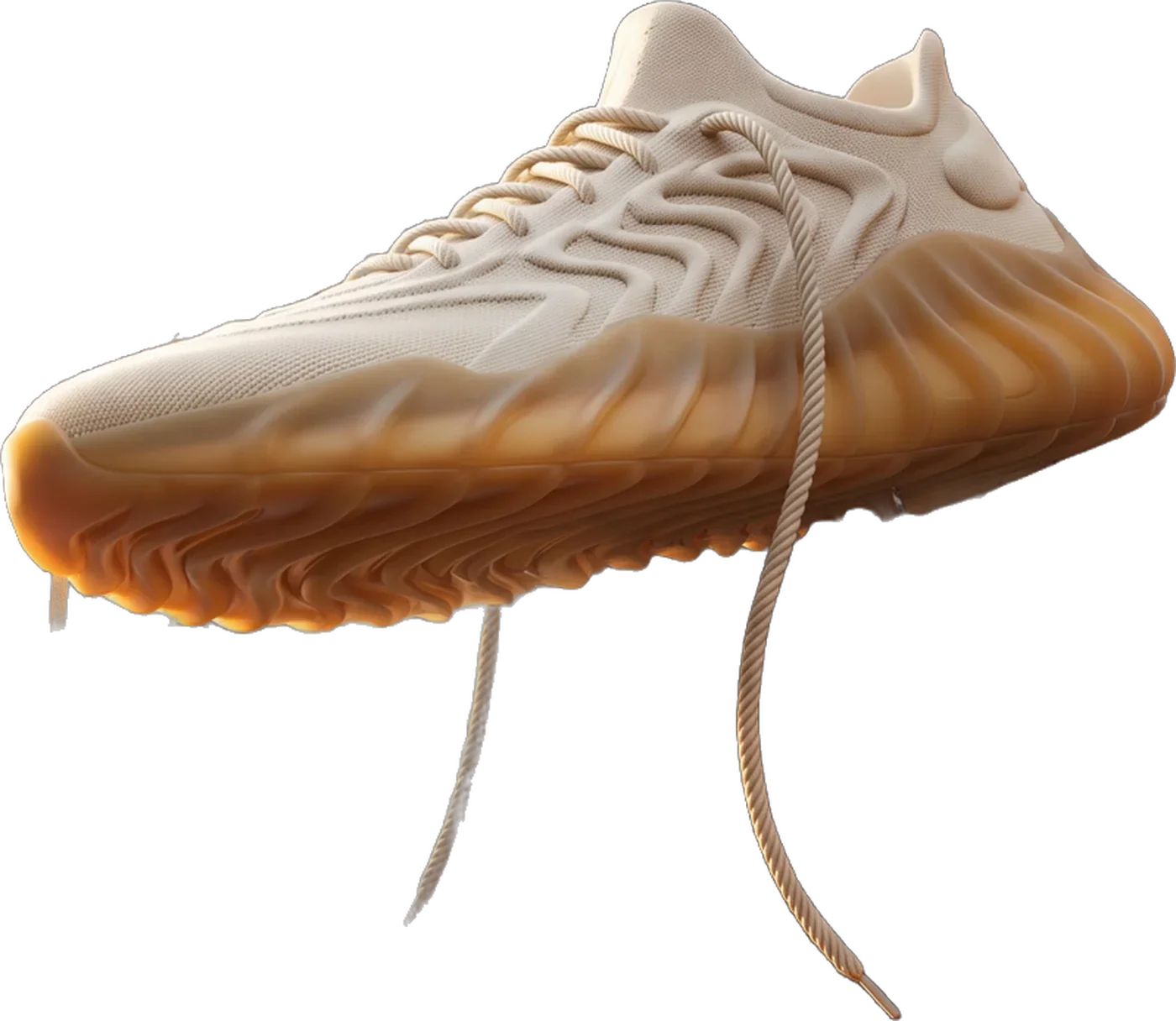 A giant cream sneaker with an amber sole floating with its laces hanging down